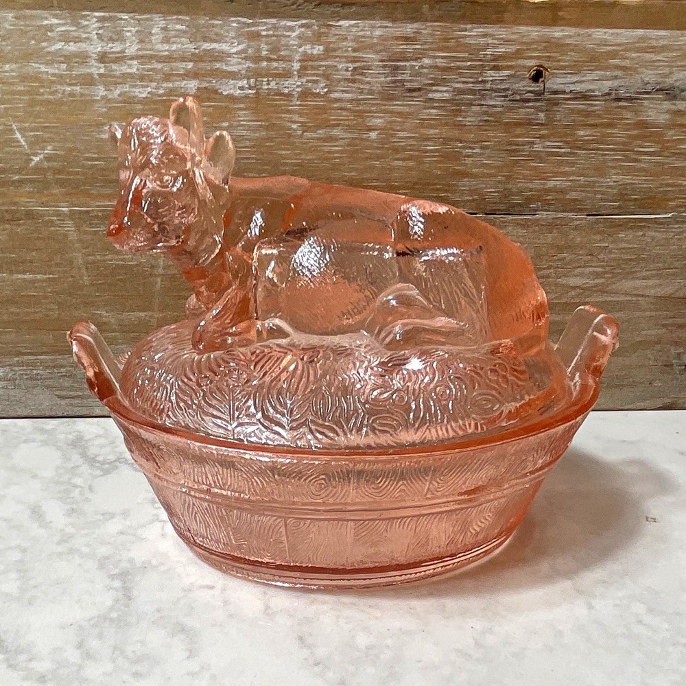 Pink Glass Round Covered Dish Set of 2 w/ Lid & Handles, Animal Theme Decor